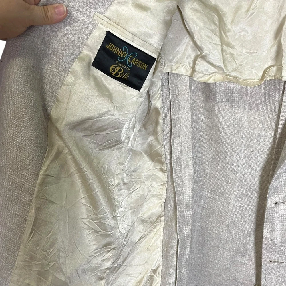 Johnny Carson 42R Beige Blazer Windowpane Plaid Two Button Jacket Grandpa Core